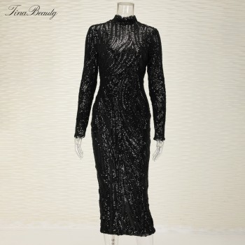 Glittering Womens Turtleneck Long Sleeve Sequin Maxi Bodycon Dress Elegant Stretch Geometrical Foil Black Gold Silver
